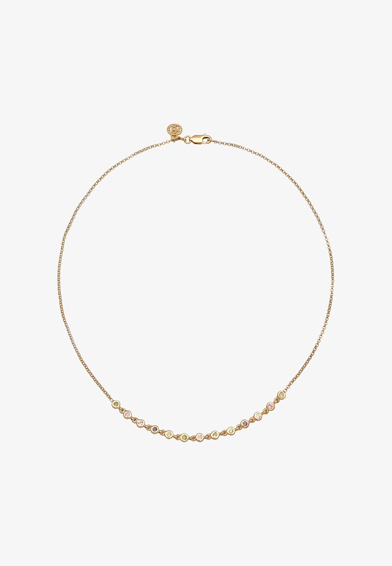 Gul kæderekæde med cirkulære vedhæng i forskellige farver, herunder grøn, lilla og pink, med en hummerklipslukning.