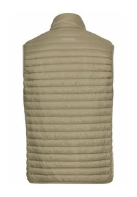 Beige Puffer-Weste mit horizontalem Steppmuster, hohem Kragen und einem dezenten Logo auf dem Rücken. Glatte, leichte Stofftextur.