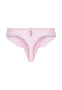 String en dentelle rose avec un accent en noeud à l'avant et une découpe en trou de serrure. Présente des bords festonnés et une texture transparente.