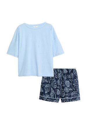 Light blue short-sleeved top with a round neckline paired with navy shorts featuring a white seashell pattern and elastic waistband.