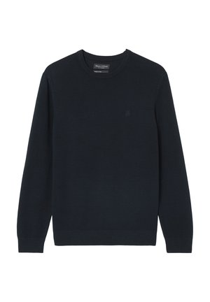 Navy blue crewneck sweater made of textured knit material with ribbed cuffs and hem; features a small logo near the neckline.