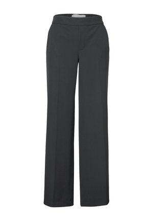 Pantaloni neri a gamba larga realizzati in tessuto morbido, caratterizzati da una vita piatta e senza tasche o decorazioni visibili.