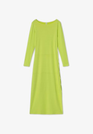 Langärmliges, bodenlanges Kleid in leuchtendem Limettengrün, mit Rundhalsausschnitt und seitlichen Knopfdetails. Glatter, leichter Stoff.