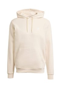 Felpa beige realizzata in tessuto morbido, con tasca frontale, cappuccio con cordino e logo bianco sul petto. Polsini e orlo a coste.