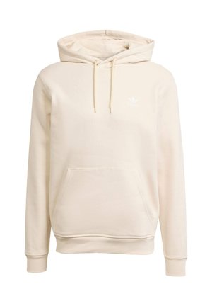 Beige hoodie gemaakt van zachte stof, met een voorzak, trekkoord kap, en een wit logo op de borst. Geribbelde manchetten en onderrand.