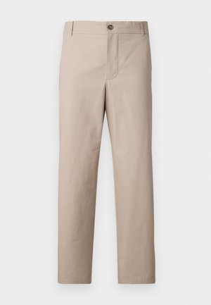 Beige straight-leg trousers made from cotton. Features a front button closure, side pockets, and a clean design without embellishments.