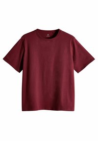 Bordeaux Baumwoll-T-Shirt, kurze Ärmel, runder Halsausschnitt, einfarbig, glatte Textur, lässige Passform.