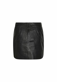 Black leather mini skirt with a smooth texture, featuring a concealed zipper closure at the back and a straight-cut design.