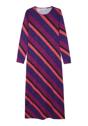 Abito a maniche lunghe in tessuto viola con strisce diagonali in corallo e nero. Caratterizzato da un girocollo e una vestibilità comoda.