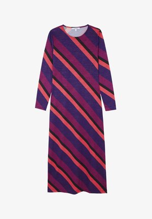 Abito a maniche lunghe in tessuto viola con strisce diagonali in corallo e nero. Caratterizzato da un girocollo e una vestibilità comoda.
