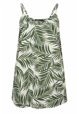 Vestido blanco sin mangas con estampado de hojas de palma tropical verdes y tirantes finos, largo hasta la rodilla, estilo casual veraniego.