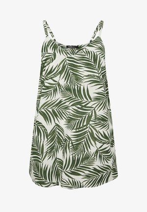 Hihaton valkoinen mekko, jossa vihreä trooppinen palmunlehtikuvio ja ohuet hihnat, polven pituinen, rento kesätyyli.