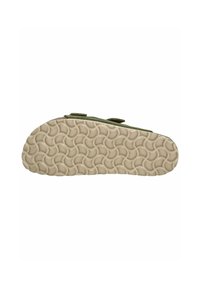 Scarpa con strap in velcro verde e suola in gomma beige testurizzata con motivo a onda. Il materiale superiore presenta dettagli in tessuto morbido.