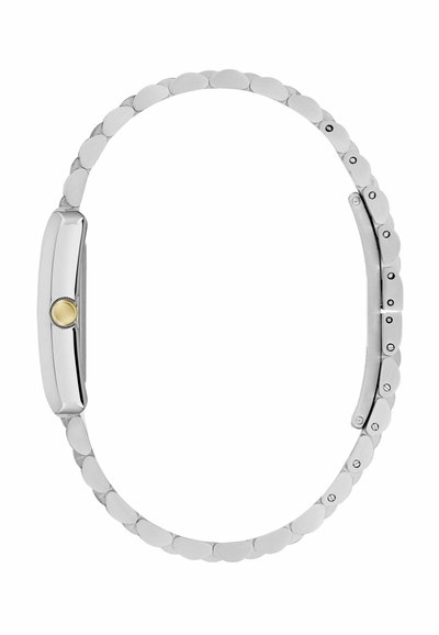 Silberner Metallarmbanduhr mit einem polierten rechteckigen Gehäuse und goldenen Akzenten, verbunden durch ein nahtloses, oval geformtes Kettengliedarmband.