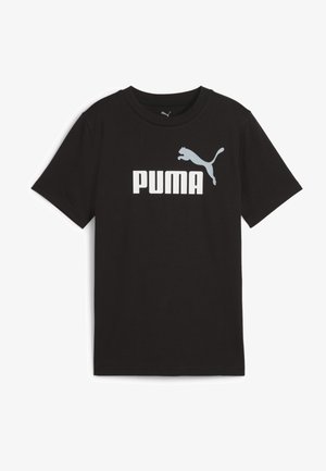 Tricou negru din bumbac cu mâneci scurte, având un mare logo alb "PUMA" și o siluetă de puma de culoare albastră deschisă deasupra textului.