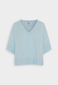 Vaaleansininen V-pääntie T-paita, joka on valmistettu pehmeästä, teksturoidusta kankaasta. Siinä on lyhyet hihat ja rento istuvuus. Kaulan sisäpuolella näkyy etiketti.