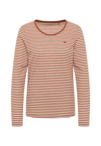 Langärmliges Crew-Neck-Shirt mit schmalen horizontalen braunen und weißen Streifen und einem kleinen gestickten Logo auf der linken Brust.