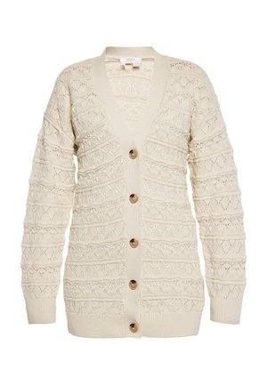Knit cardigan in light beige with a V-neck, featuring a textured pattern, long sleeves, and five wooden buttons down the front.