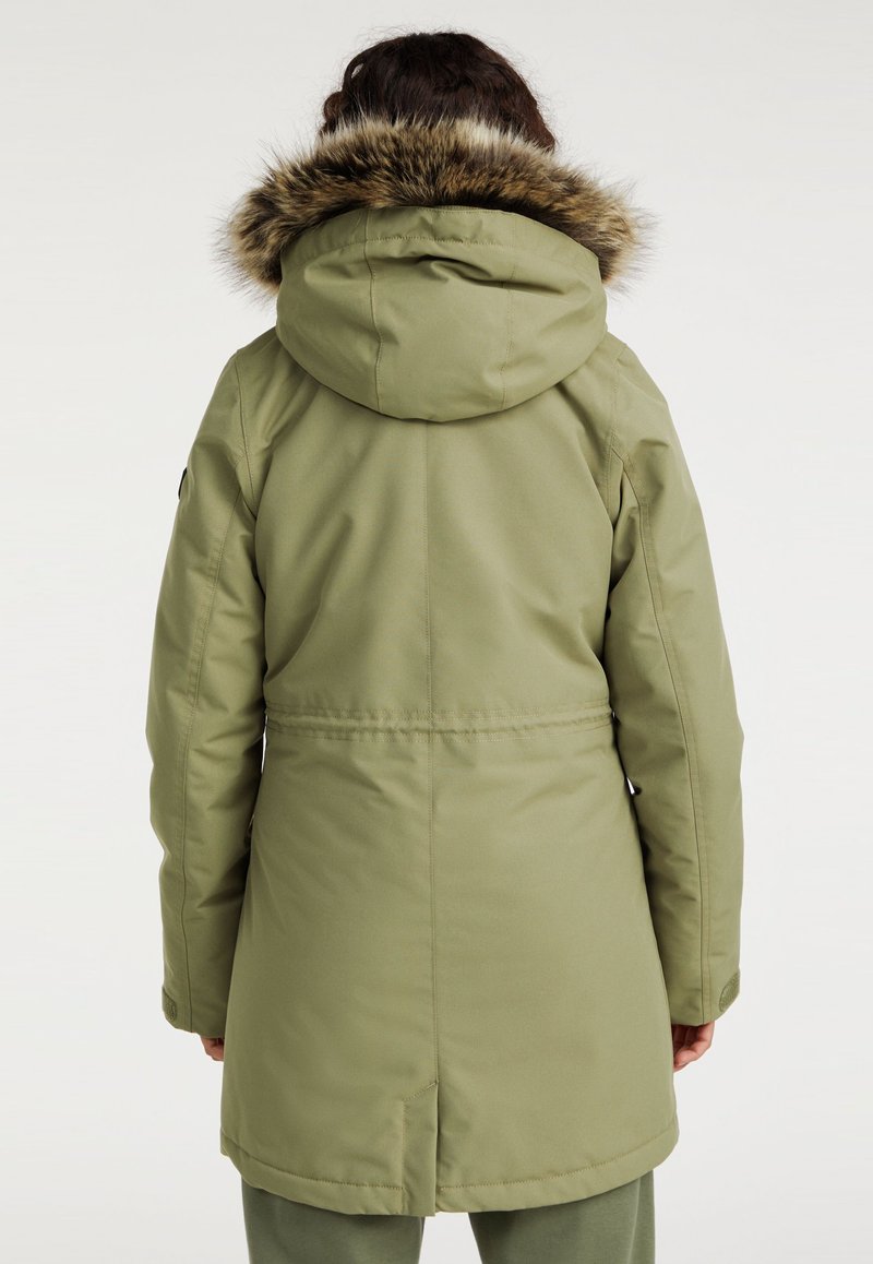 Olivengroene parka met een afneembare capuchon met bontafwerking, voorzien van een getailleerde taille, zijkouwen en een ontwerp tot halverwege de dij. Gladde textuur.