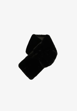 Zwart nepbont omslagdoek met een zachte textuur, rechthoekige vorm en brede kraag. Naadloos ontwerp zonder zichtbare hardware of patronen.