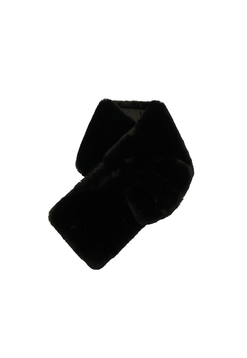 Sorte imiteret pelswrap med en blød tekstur, rektangulær form og bred krave. Sømfri design uden synlig hardware eller mønstre.