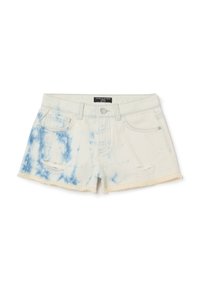 Shorts de mezclilla en un azul claro con un patrón de tie-dye, dobladillo deshilachado y detalles desgastados. Presenta bolsillos frontales y un cierre de botón metálico.