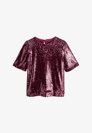 Burgundia lühikeste varrukatega topp, kaetud sädelevate kividest, ümar kaelus ja võtmeaugu seljasaum. Sile sisemine vooder.