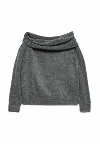 Grauer Strickpullover mit einem drapierten Ausschnitt und langen Ärmeln. Weicher Stoff mit leichtem Stretch. Einfaches Design, keine sichtbaren Muster oder Hardware.