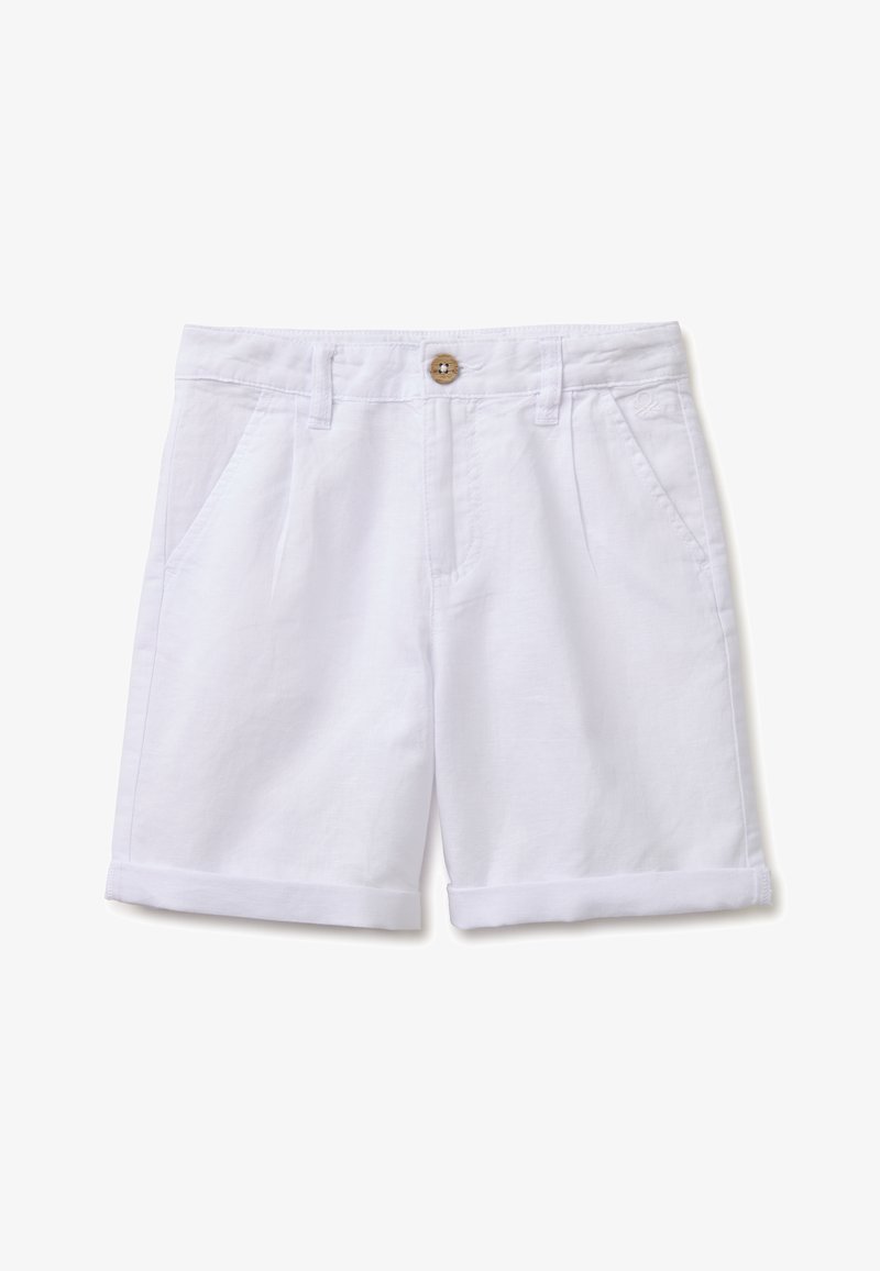 White cotton shorts with rolled cuffs, front pockets, belt loops, and a single wooden button closure at the waistband.