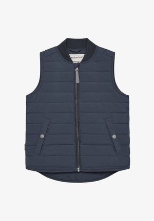 Marineblauwe gewatteerde mouwloze bodywarmer met ritssluiting aan de voorkant en zakken met drukknoop, geribde kraag en iets langere zoom aan de achterkant.