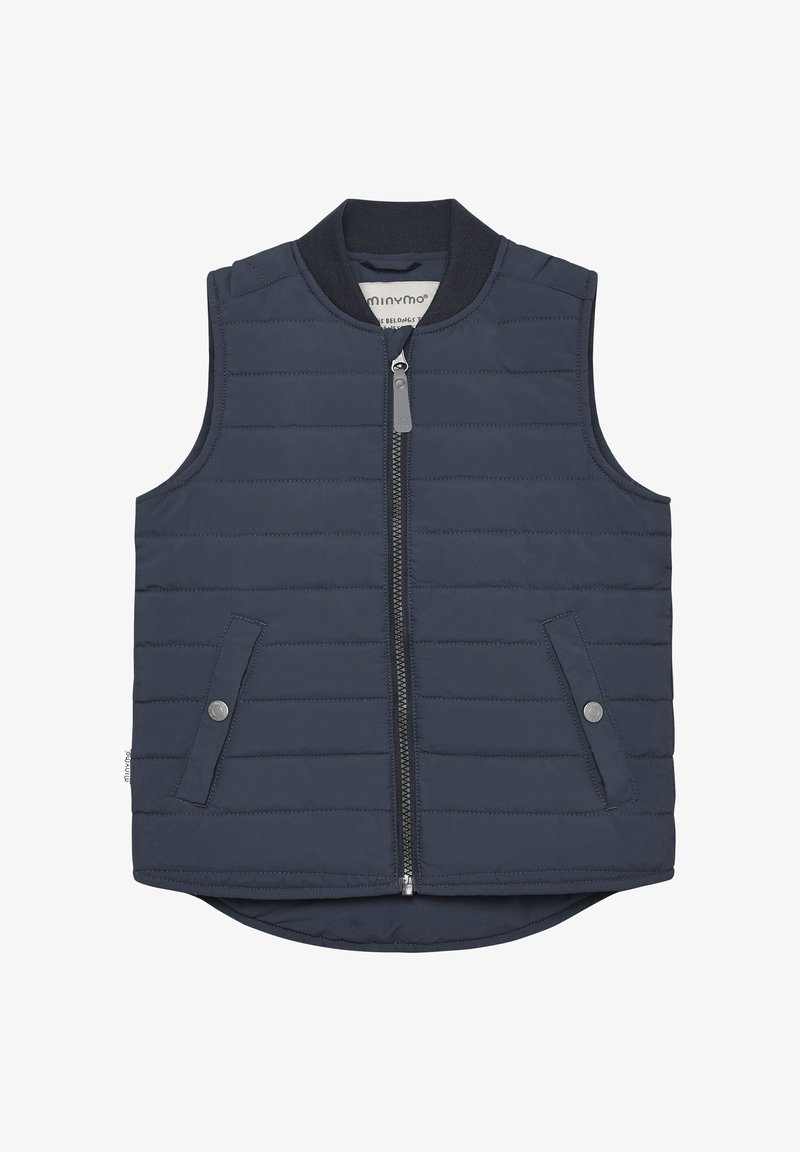 Gilet matelassé sans manches bleu marine avec fermeture éclair à l'avant et poches à boutons-pression, col côtelé et ourlet arrière légèrement plus long.