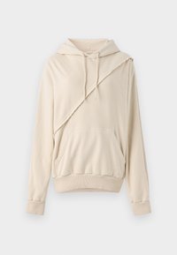 Beige hoodie made of soft fabric. Features a diagonal sewn accent, a front pocket, and ribbed cuffs and hem.