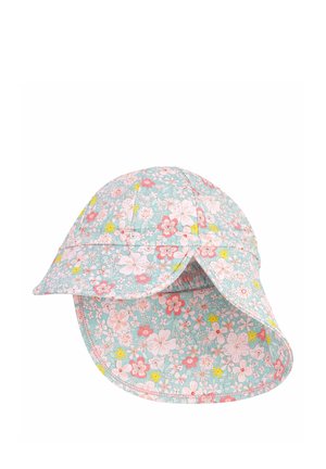 Chapeau de soleil enfant avec large bord et protection de nuque, avec un motif floral pastel rose, jaune et vert sur fond bleu clair.