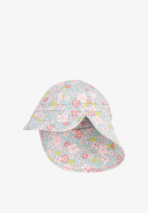 Chapeau de soleil enfant avec large bord et protection de nuque, avec un motif floral pastel rose, jaune et vert sur fond bleu clair.