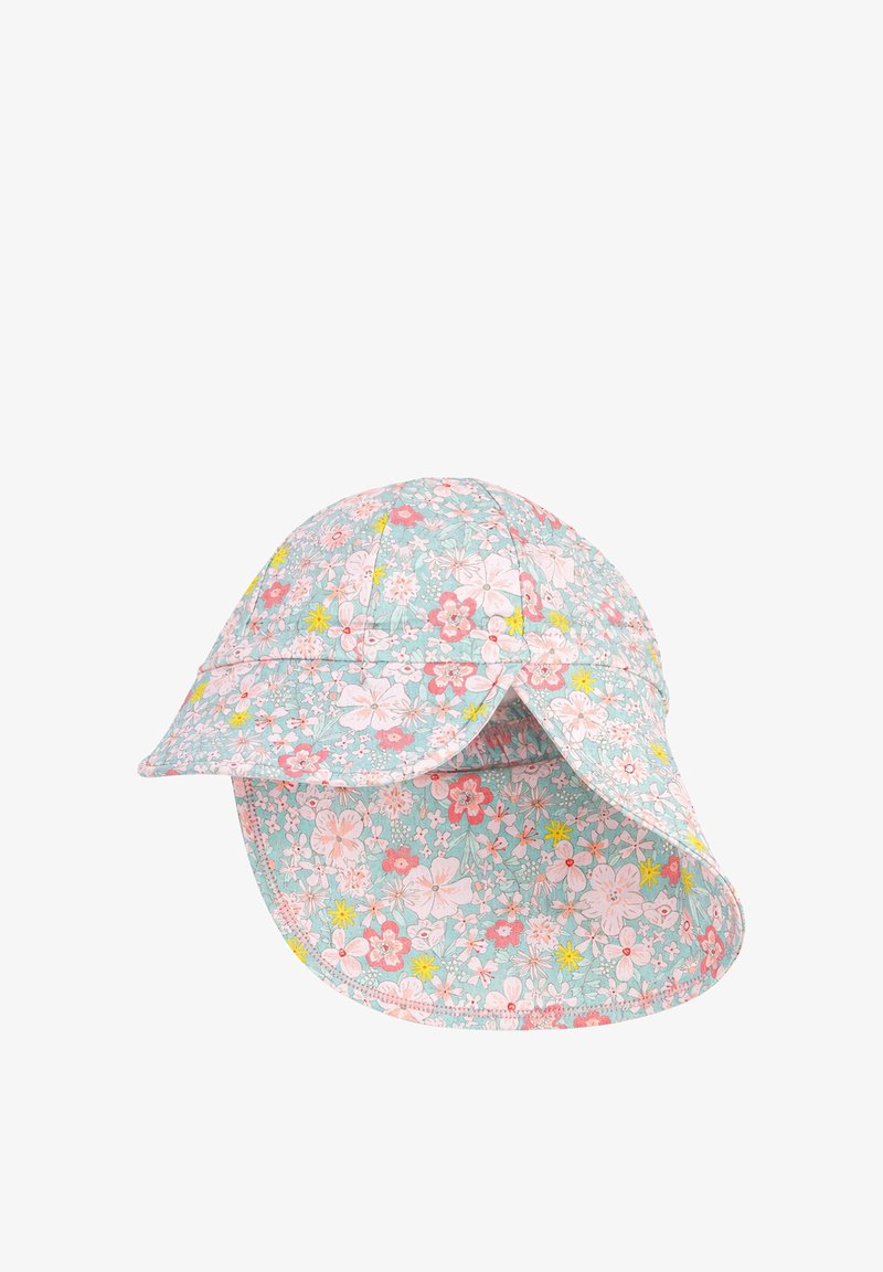 Chapeau de soleil enfant avec large bord et protection de nuque, avec un motif floral pastel rose, jaune et vert sur fond bleu clair.