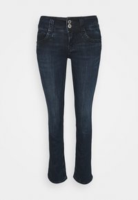 Dark blue denim jeans with a straight leg design, two front pockets, a double-button closure, and subtle fading along the thighs.