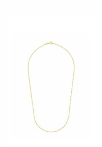 Delikat tunn guldkedja med fjädrande ringlås mot en vit bakgrund.