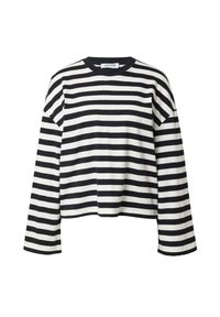Chemise à manches longues rayée en noir et blanc, fabriquée en tissu doux. Présente un col rond, une coupe ample et des manches larges.