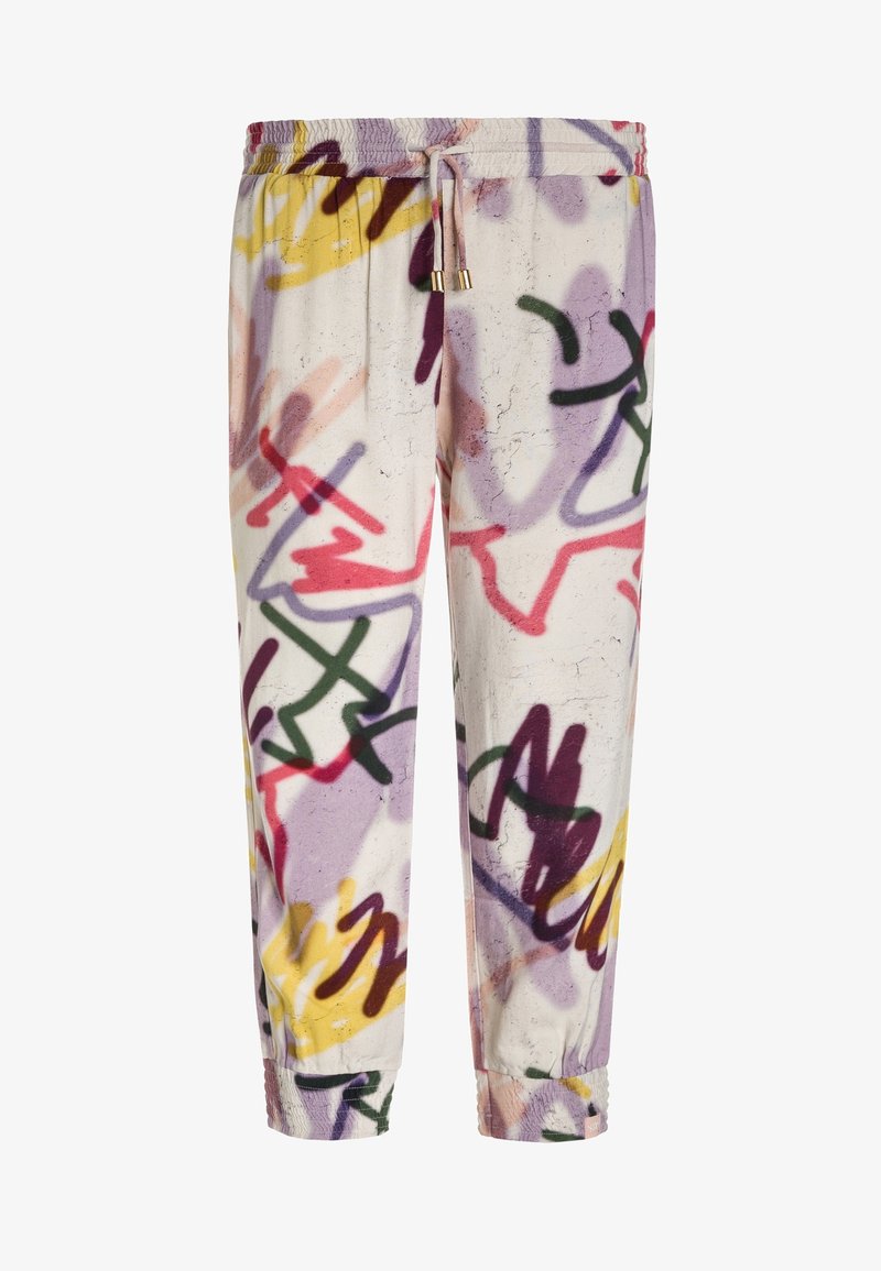 Weiße Jogginghosen mit mehrfarbigen, abstrakten Graffiti-Mustern in Rot, Lila, Gelb, Grün und Schwarz, ausgestattet mit einem elastischen Bund und Bündchen.