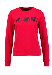 Sudadera roja de algodón, con manga larga, cuello redondo y un logo gráfico negro "ARMANI EXCHANGE" en la parte frontal.