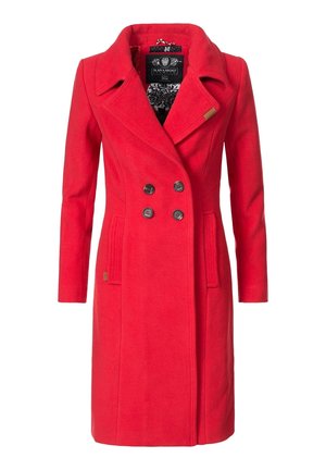Manteau en laine rouge mi-longue à double boutonnage avec larges revers, quatre boutons noirs, poches latérales et doublure intérieure à motif.
