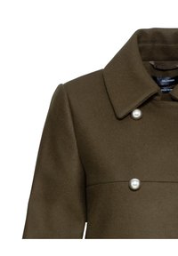 Brun ullblazer med slagkrage, prydd med två synliga pärl-liknande knappar, strukturerad design och textil med textur.