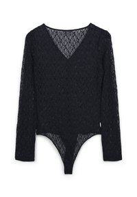 Bodysuit in pizzo nero con maniche lunghe e scollatura a V. Presenta una texture a motivi e una vestibilità aderente che si stringe fino a una forma a perizoma.