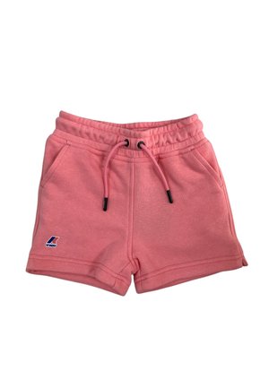 Pantaloncini in cotone rosa con vita elastica, coulisse, tasche laterali e piccolo logo K-Way sulla gamba sinistra, su sfondo bianco.