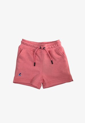 Pantaloncini in cotone rosa con vita elastica, coulisse, tasche laterali e piccolo logo K-Way sulla gamba sinistra, su sfondo bianco.
