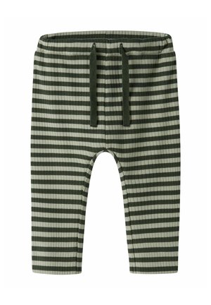 Pantalon bébé à rayures horizontales vertes et blanches avec une taille élastique et des liens verts à nouer.