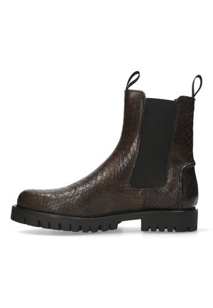 Brown leather ankle boots with a textured, snakeskin pattern. Features elastic side panels and a sturdy, textured rubber sole.