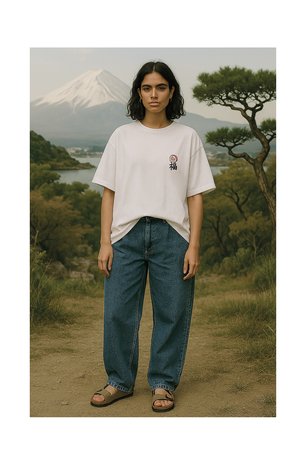 Ung person med mörkt hår som bär en vit T-shirt med tryck, blå jeans och sandaler, står på en jordstig med berg och träd i bakgrunden.