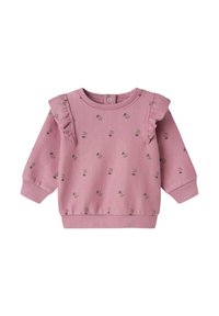Felpa rosa a maniche lunghe con dettagli a volants, stampa floreale, collo rotondo e polsini e orlo a costine. Realizzata in tessuto di cotone testurizzato.
