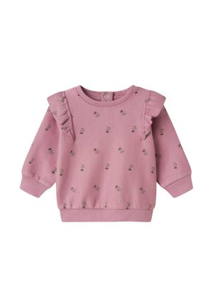 Felpa rosa a maniche lunghe con dettagli a volants, stampa floreale, collo rotondo e polsini e orlo a costine. Realizzata in tessuto di cotone testurizzato.